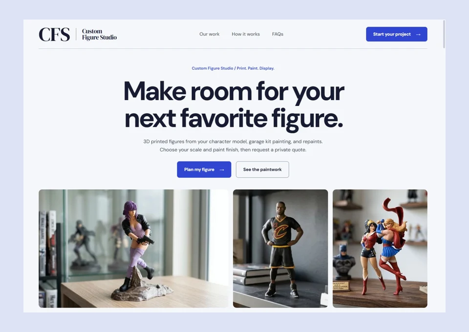 Custom Figure Studio website preview â€” Your idea. Made real.