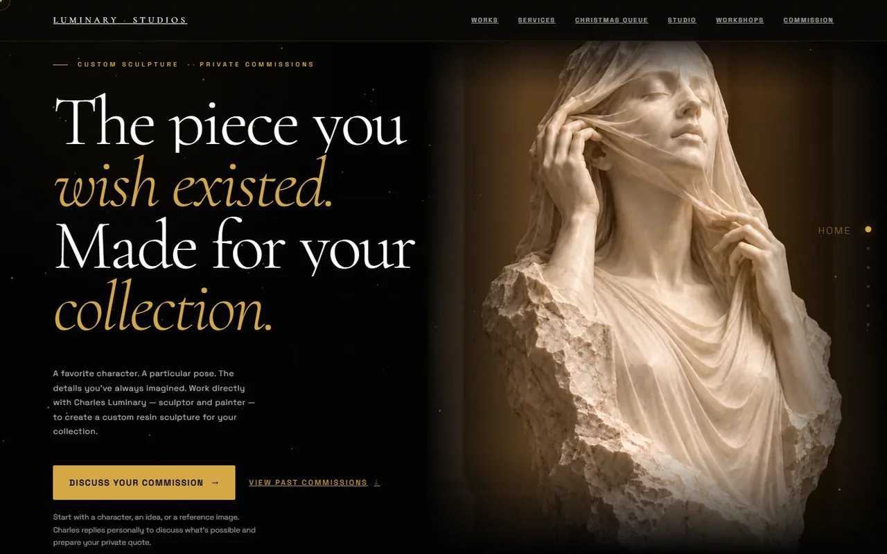 Luminary Studios sculpture commissions website with a veiled sculpture and project information